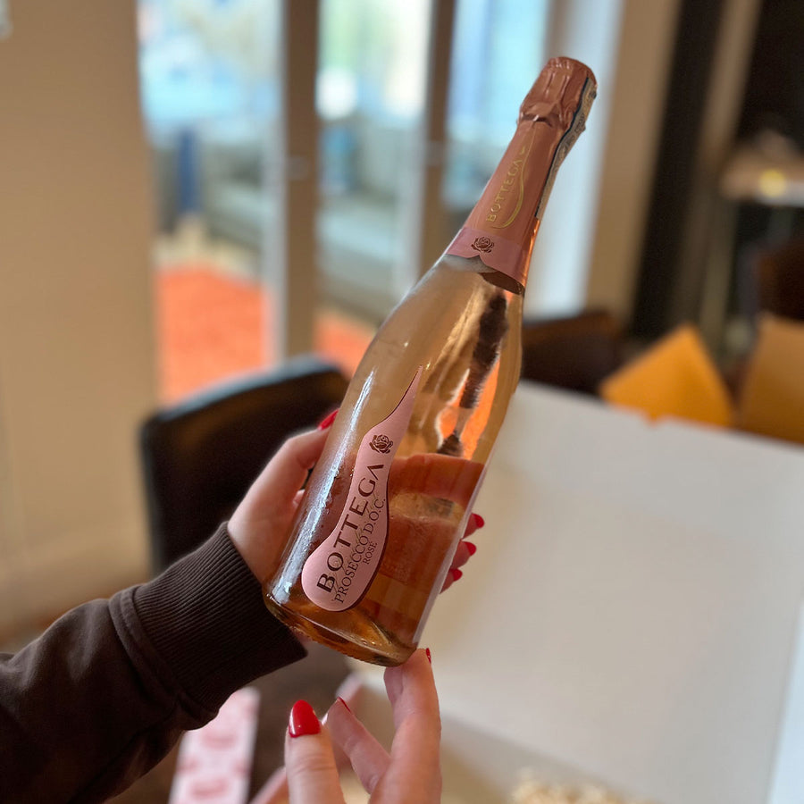 A bottle of Rose Pink Prosecco from Bottega, as featured in the Luxury Rose Pink Prosecco Gift Box.