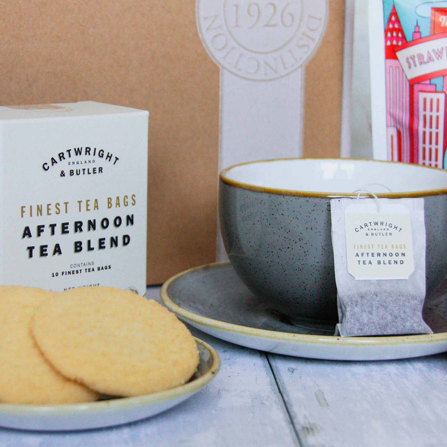 A close up of the shortbread biscuits and afternoon tea blend tea bags included in the Afternoon Tea Hamper by Spicers of Hythe